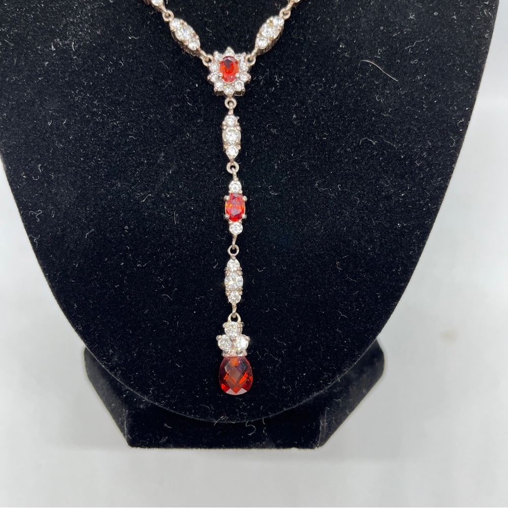 Vintage Sterling Silver  Garnet Clear Rhinestone Y Necklace - Picture 3 of 4